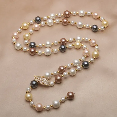 Elegant Long Imitation Pearl Sweater Chain Necklace For Women Alloy Leaf Camellia Flower Pendant Inlaid Rhinestones Multi-Color Bead Jewelry Gift