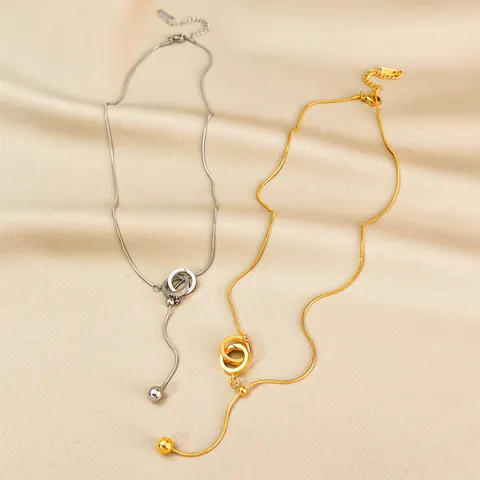 Minimalist Stainless Steel Interlocking Double Ring Pendant Necklace For Women Adjustable Snake Chain Tassel Drop Necklace Jewelry