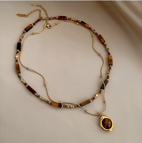 Vintage Titanium Steel Tiger Eye Pendant Necklace For Women Retro Double Layered Beaded Chain Necklace Maillard Style Fashion Jewelry Gift