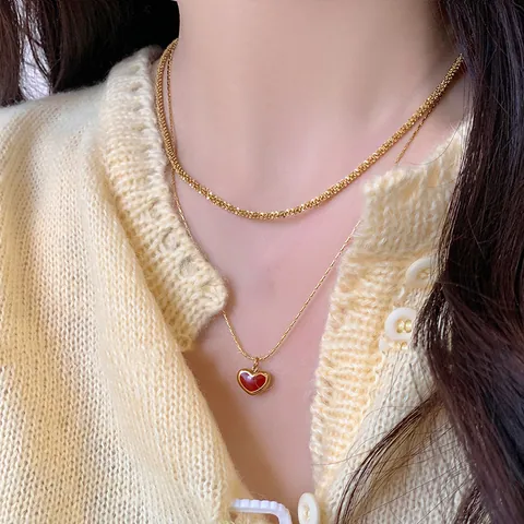 Double Layer Red Heart Pendant Necklace Stainless Steel Gold Plated French Minimalist Clavicle Chain Jewelry For Women Valentine Gift