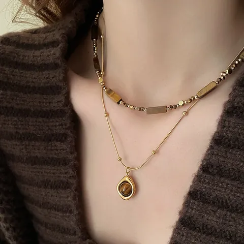 Vintage Titanium Steel Tiger Eye Pendant Necklace For Women Retro Double Layered Beaded Chain Necklace Maillard Style Fashion Jewelry Gift