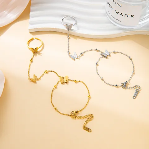 Frosted Butterfly Stainless Steel Finger Bracelet Connected Open Ring For Women Adjustable Hand Chain Minimalist Jewelry