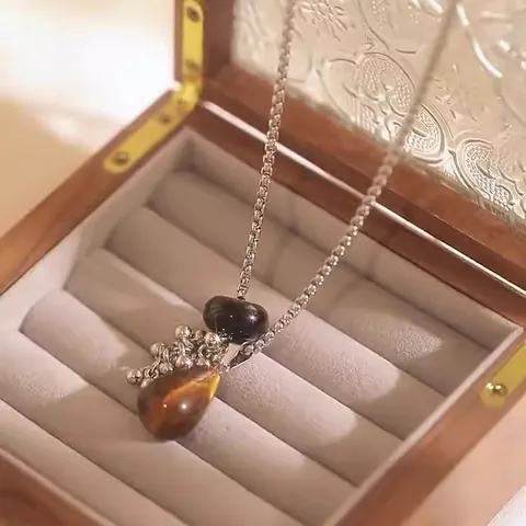 Titanium Steel Tiger Eye Natural Stone Teardrop Pendant Long Necklace Beaded Sweater Chain Jewelry For Women Vintage Accessory