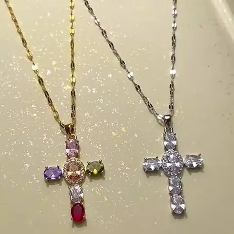 Women's Stainless Steel Colorful Zircon Cross Pendant Necklace Elegant Copper Gold Plated Clavicle Chain Fashion Jewelry Gift For Her