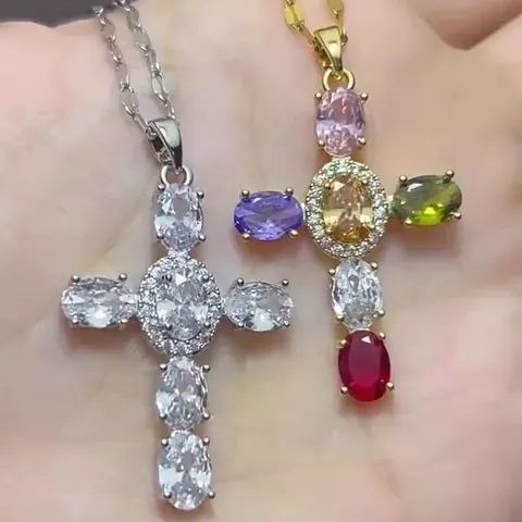 Women's Stainless Steel Colorful Zircon Cross Pendant Necklace Elegant Copper Gold Plated Clavicle Chain Fashion Jewelry Gift For Her