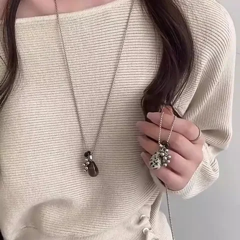 Titanium Steel Tiger Eye Natural Stone Teardrop Pendant Long Necklace Beaded Sweater Chain Jewelry For Women Vintage Accessory