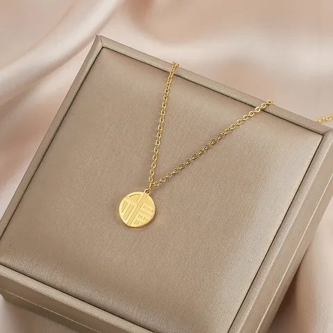 Collar Con Colgante De Carácter Fu Buena Suerte Acero Inoxidable Disco Redondo Cadena De Clavícula Joyería Para Mujer