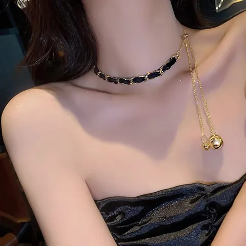 Elegant PU Leather Woven Chain Choker Necklace Long Tassel Pendant Round Beads Adjustable Slider Stainless Steel Jewelry
