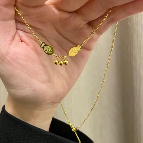 Exquisite Double Fish Round Bead Pendant Stainless Steel Necklace For Women Gold Plated Koi Fish Bracelet Anklet Fashion Jewelry