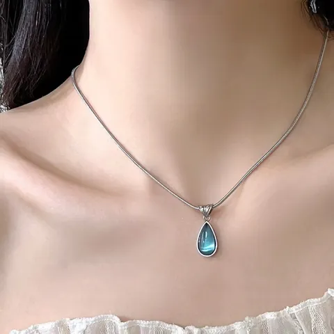 French Style Titanium Steel Waterdrop Necklace With Artificial Crystal Cat Eye Stone Gold Plated Snake Chain Jewelry For Women