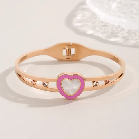 Bracelet Jonc Cœur en Acier Inoxydable et Nacre pour Femme Luxe Incrusté de Zircone Or Rose Argent Bijoux