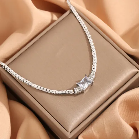 Fashion Stainless Steel Rectangle Zirconia Pendant Necklace For Women Light Luxury Gold Silver Snake Bone Chain Jewelry