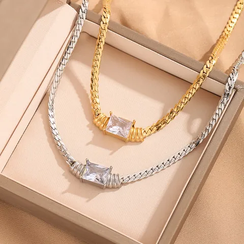 Fashion Stainless Steel Rectangle Zirconia Pendant Necklace For Women Light Luxury Gold Silver Snake Bone Chain Jewelry