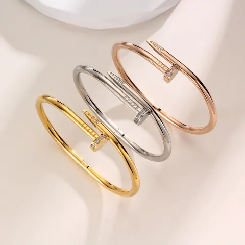 Titanium Steel Nail Shaped Bracelet For Women Zirconia Inlaid Open Adjustable Cuff Bangle Jewelry Minimalist Luxury Gift