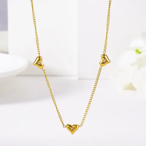 Gold Titanium Steel Heart Jewelry Set With Zircon Inlay Necklace And Bracelet And Stud Earrings For Women Sweet Minimalist Jewelry