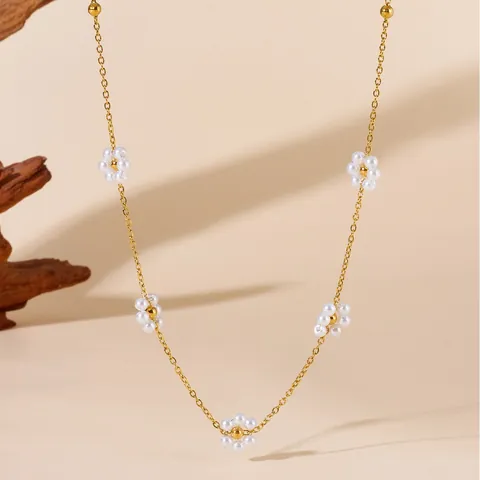 Set di Gioielli in Acciaio Inossidabile con Collana e Bracciale a Fiore di Margherita e Perla Artificial Oro Placcato Dolce Set