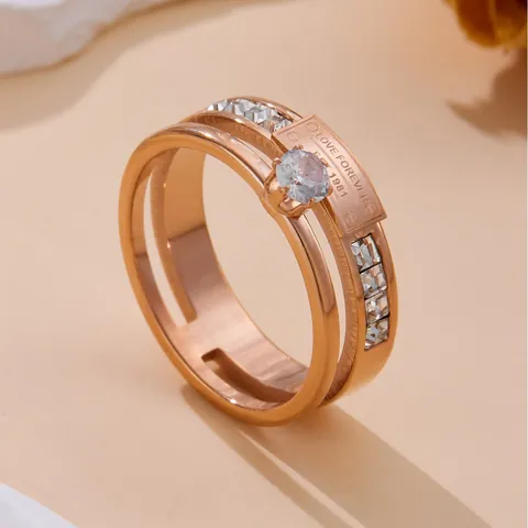 Fashion Titanium Steel Double Layer Ring With Zirconia For Women Love Forever Letter Rectangular Plate Rose Gold Jewelry