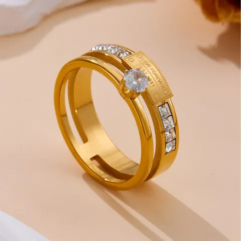 Fashion Titanium Steel Double Layer Ring With Zirconia For Women Love Forever Letter Rectangular Plate Rose Gold Jewelry