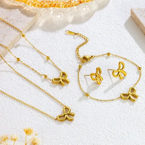 Stainless Steel Bowknot Pendant Necklace Bracelet And Stud Earrings For Women Gold Silver Plated Elegant Fashion Jewelry