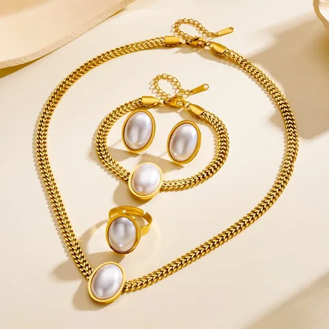 Vintage Stainless Steel Jewelry Set Gold Plated Woven Chain Oval Pearl Necklace Earrings Ring Bracelet Women Jewelry