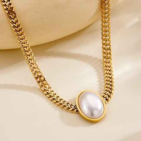 Vintage Stainless Steel Jewelry Set Gold Plated Woven Chain Oval Pearl Necklace Earrings Ring Bracelet Women Jewelry