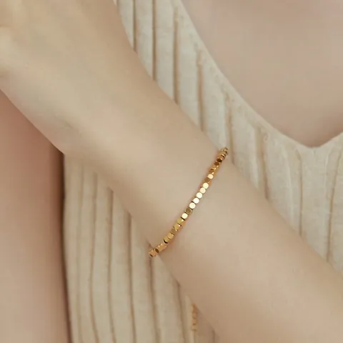 18K Gold Plated 316L Stainless Steel Crushed Metal Bead Bracelet For Women Minimalist Geometric Cube Adjustable Jewelry Gift