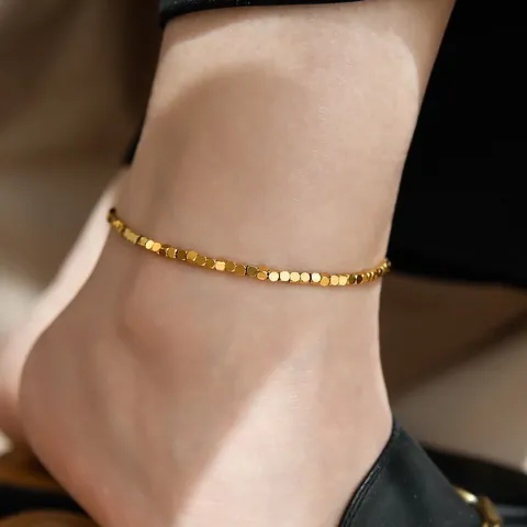 Minimalist 316L Titanium Steel 18K Gold Plated Geometric Square Bead Anklet For Women Non-Tarnish Summer Beach Foot Jewelry