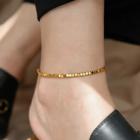 Minimalist 316L Titanium Steel 18K Gold Plated Geometric Square Bead Anklet For Women Non-Tarnish Summer Beach Foot Jewelry