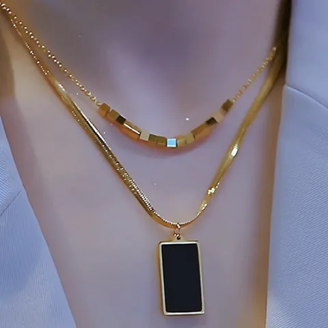 Minimalist Titanium Steel Necklace Gold Plated Geometric Square Beads Black Rectangle Pendant Snake Chain Layered Jewelry