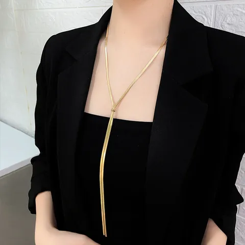 Women Titanium Steel Snake Chain Necklace Long Y-Shaped Adjustable Sliding Buckle Sweater Chain Minimalist Jewelry