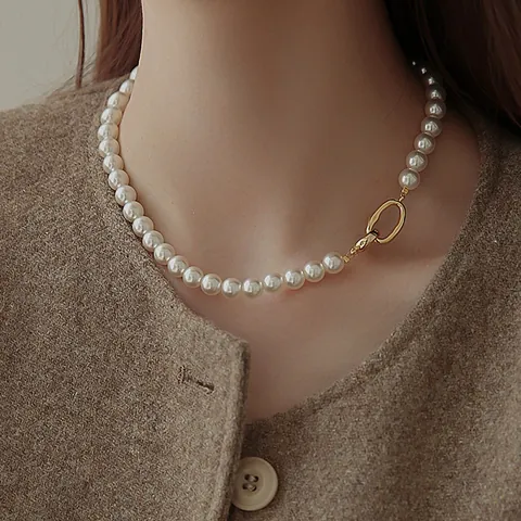 Elegant Imitation Artificial Pearl Necklace For Women Grey White Round Beads Gold Copper Buckle Fashion Jewelry Sweater Chain Choker