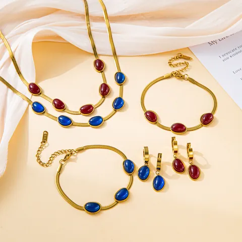 Vintage Titanium Steel Emerald Gemstone Jewelry Set Gold Plated Blade Chain Necklace Bracelet Earrings For Women Luxury Jewelry