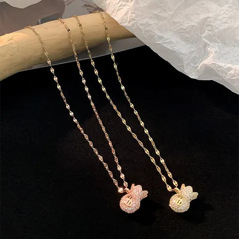Fashion Titanium Steel Money Bag Pendant Necklace With Zirconia Dollar Sign Gold Rose Gold Plated Choker For Women Jewelry