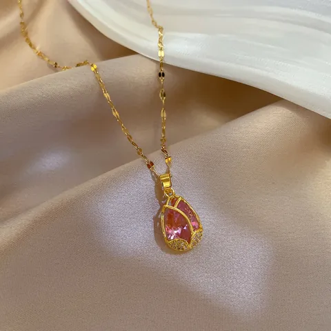 Luxury Stainless Steel Tulip Pendant Necklace Pink Synthetic Crystal Gold Plated Water Drop Floral Fashion Jewelry For Women