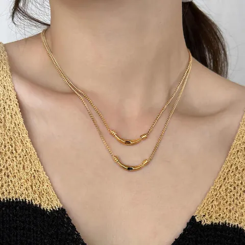 Vintage Titanium Steel Tiger Eye Pendant Necklace For Women Gold Plated Lapis Lazuli Black Agate Inlaid Commuter Jewelry Gift