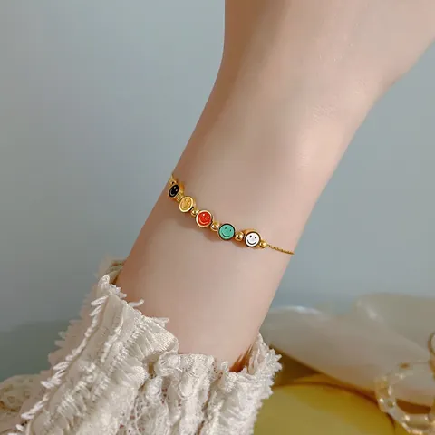 Bunter Smiley Gesicht Anhänger Halskette Armband Fußkettchen Titanstahl 18K Vergoldet Emaille Perlen Modeschmuck Damen
