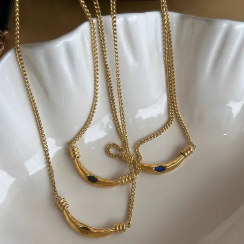 Vintage Titanium Steel Tiger Eye Pendant Necklace For Women Gold Plated Lapis Lazuli Black Agate Inlaid Commuter Jewelry Gift