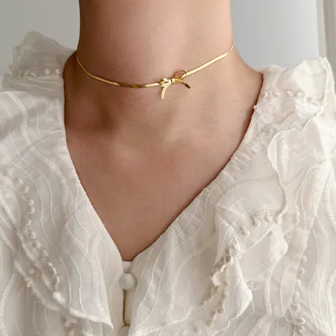 Sweet Stainless Steel Bow Necklace For Women Gold Silver Minimalist Snake Chain Bowknot Earrings Bracelet Jewelry Set