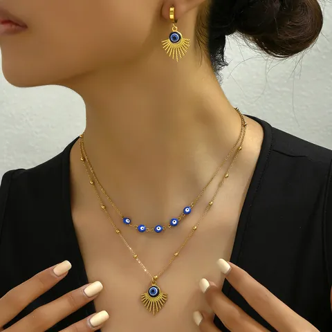 Bohemian Stainless Steel Evil Eye Necklace And Earrings Gold Plated Radiant Sun Pattern Vintage Jewelry For Women