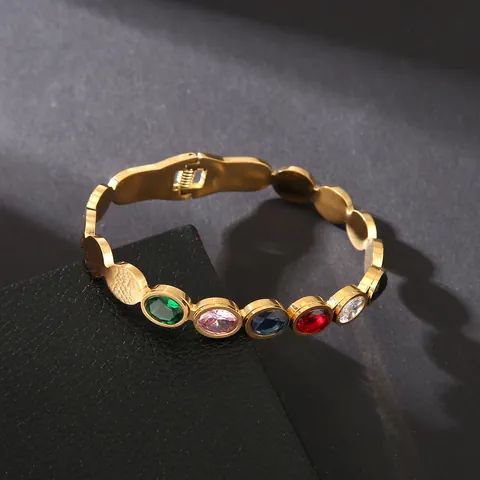 Vintage Titanstahl Armreif Für Damen Gold Vergoldet Bunte Ovale Kristall Edelstein Armband Eleganter Schmuck Party Geschenk