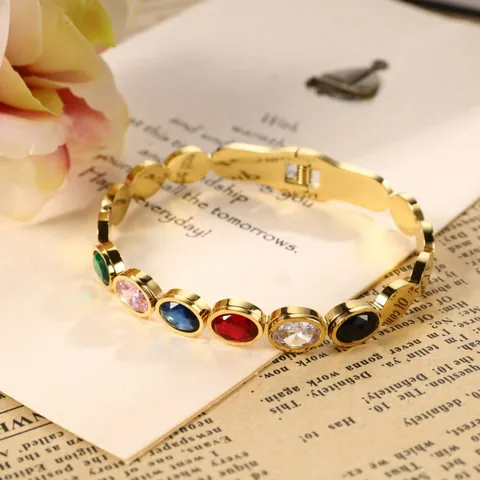 Vintage Titanstahl Armreif Für Damen Gold Vergoldet Bunte Ovale Kristall Edelstein Armband Eleganter Schmuck Party Geschenk