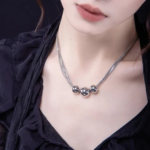 Titanium Steel Round Bead Pendant Necklace For Women Gold Silver Plated Multilayer Snake Chain Minimalist Fashion Jewelry