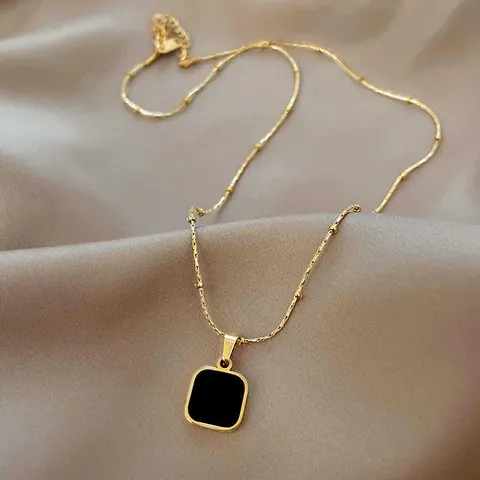 Minimalist Titanium Steel Black Square Pendant Necklace For Women Gold Plated Bead Chain Clavicle Chain Light Luxury Neck Jewelry