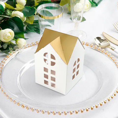 Creative Hollow House Shape Gift Box White Cardboard Gold Roof Candy Packaging For Wedding Birthday Party Favors DIY Paper Box