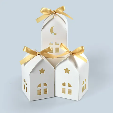 Weiße Hausform Papier Geschenkbox Mit Hohl Stern Mond Muster Und Goldenem Band Für Ramadan Eid Party Geschenke Süßigkeiten