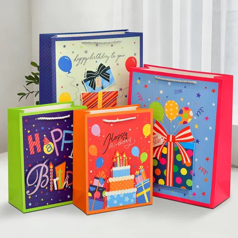 Sacchetto Regalo Compleanno Cartone Animato Con Motivo Luccicante Borsa di Carta Multidimensione per Feste Bambini Torta Palloncino
