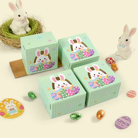 Grünes Punktmuster Ostern Hase Geschenkbox Kraftpapier Quadratisch Faltbar Süßigkeiten Verpackung Für Party Geschenk