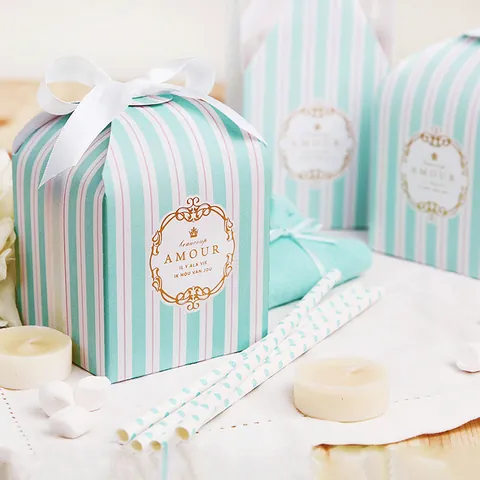 French Style Striped Paper Gift Box With Ribbon Bow Hot Stamping Candy Packaging For Wedding Party Favor Celebration