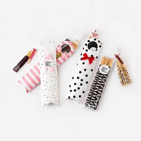 Lindo Estuche Largo Para Galletas De Dedo Estilo Coreano Caja De Regalo De Cartón Con Rayas Y Lunares Para Dulces Galletas Recuerdos De Fiesta Caja De Papel Con Cinta