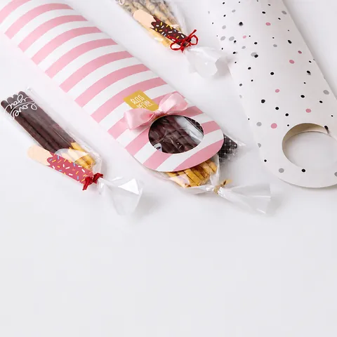 Lindo Estuche Largo Para Galletas De Dedo Estilo Coreano Caja De Regalo De Cartón Con Rayas Y Lunares Para Dulces Galletas Recuerdos De Fiesta Caja De Papel Con Cinta